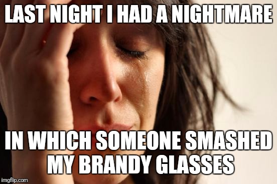 First World Problems | LAST NIGHT I HAD A NIGHTMARE; IN WHICH SOMEONE SMASHED MY BRANDY GLASSES | image tagged in memes,first world problems | made w/ Imgflip meme maker