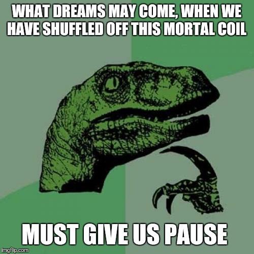 Philosoraptor Meme | WHAT DREAMS MAY COME, WHEN WE HAVE SHUFFLED OFF THIS MORTAL COIL; MUST GIVE US PAUSE | image tagged in memes,philosoraptor | made w/ Imgflip meme maker