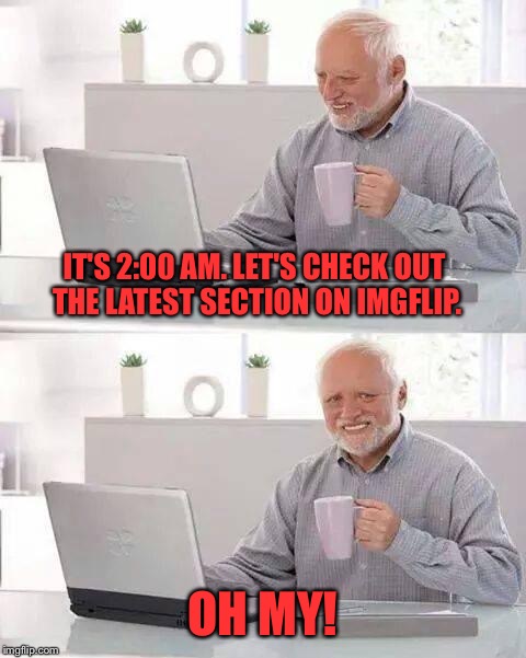 It's a whole different beast. | IT'S 2:00 AM. LET'S CHECK OUT THE LATEST SECTION ON IMGFLIP. OH MY! | image tagged in memes,hide the pain harold | made w/ Imgflip meme maker