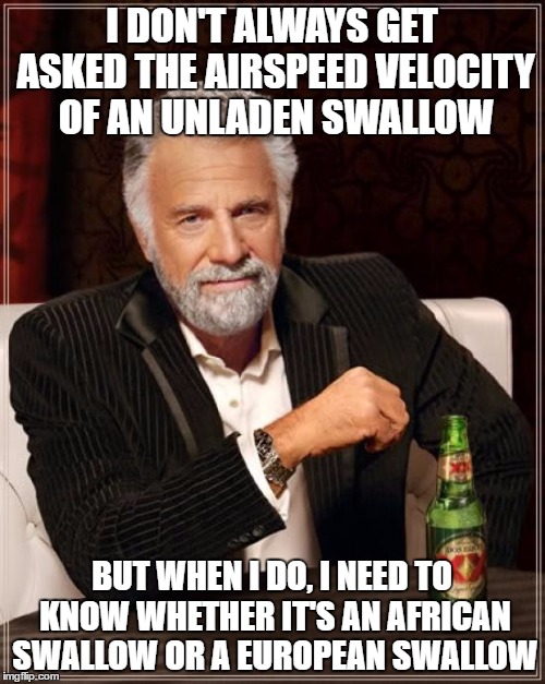 The Most Interesting Man In The World Meme | I DON'T ALWAYS GET ASKED THE AIRSPEED VELOCITY OF AN UNLADEN SWALLOW BUT WHEN I DO, I NEED TO KNOW WHETHER IT'S AN AFRICAN SWALLOW OR A EURO | image tagged in memes,the most interesting man in the world | made w/ Imgflip meme maker