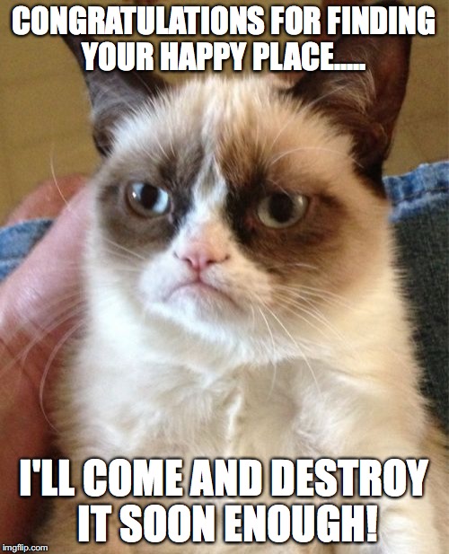 Grumpy Cat Meme | CONGRATULATIONS FOR FINDING YOUR HAPPY PLACE..... I'LL COME AND DESTROY IT SOON ENOUGH! | image tagged in memes,grumpy cat | made w/ Imgflip meme maker