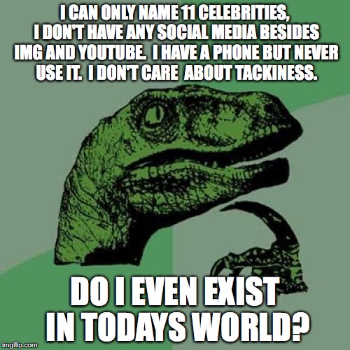 True story brah  | I CAN ONLY NAME 11 CELEBRITIES, I DON'T HAVE ANY SOCIAL MEDIA BESIDES IMG AND YOUTUBE.  I HAVE A PHONE BUT NEVER USE IT.  I DON'T CARE  ABOUT TACKINESS. DO I EVEN EXIST IN TODAYS WORLD? | image tagged in memes,philosoraptor | made w/ Imgflip meme maker