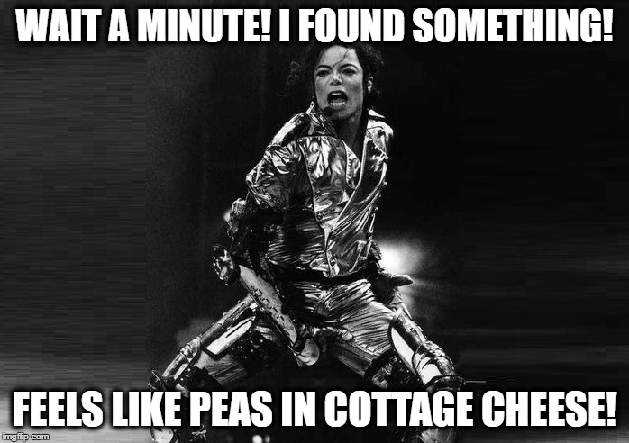 When you're touching yourself... | WAIT A MINUTE! I FOUND SOMETHING! FEELS LIKE PEAS IN COTTAGE CHEESE! | image tagged in michael jackson crotch grab,discovering yourself,memes,funny memes,funny because it's true,cottage cheese | made w/ Imgflip meme maker