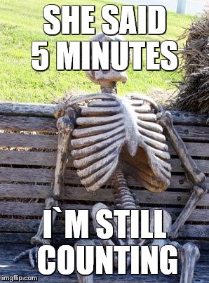 Waiting Skeleton Meme | SHE SAID 5 MINUTES; I`M STILL COUNTING | image tagged in memes,waiting skeleton | made w/ Imgflip meme maker
