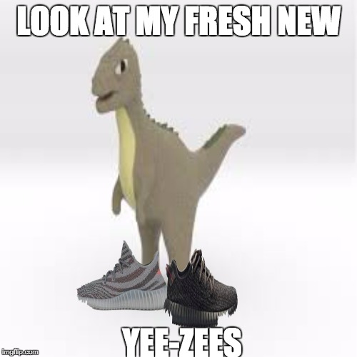 Yee-zeez | LOOK AT MY FRESH NEW; YEE-ZEES | image tagged in yee,dinosaur,philosoraptor | made w/ Imgflip meme maker