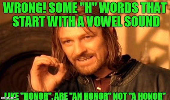 One Does Not Simply Meme | WRONG! SOME "H" WORDS THAT START WITH A VOWEL SOUND LIKE "HONOR", ARE "AN HONOR" NOT "A HONOR" | image tagged in memes,one does not simply | made w/ Imgflip meme maker