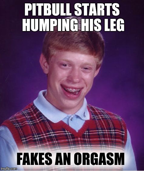 Bad Luck Brian Meme | PITBULL STARTS HUMPING HIS LEG; FAKES AN ORGASM | image tagged in memes,bad luck brian | made w/ Imgflip meme maker