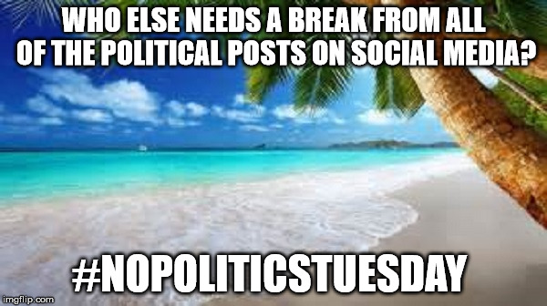 WHO ELSE NEEDS A BREAK FROM ALL OF THE POLITICAL POSTS ON SOCIAL MEDIA? #NOPOLITICSTUESDAY | image tagged in beach paradise | made w/ Imgflip meme maker