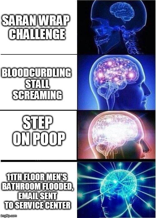 Expanding Brain | SARAN WRAP CHALLENGE; BLOODCURDLING STALL SCREAMING; STEP ON POOP; 11TH FLOOR MEN'S BATHROOM FLOODED, EMAIL SENT TO SERVICE CENTER | image tagged in expanding brain | made w/ Imgflip meme maker