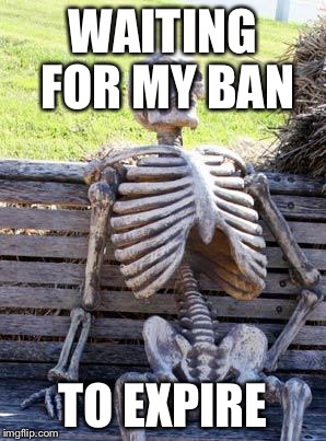 Waiting Skeleton Meme | WAITING FOR MY BAN; TO EXPIRE | image tagged in memes,waiting skeleton | made w/ Imgflip meme maker