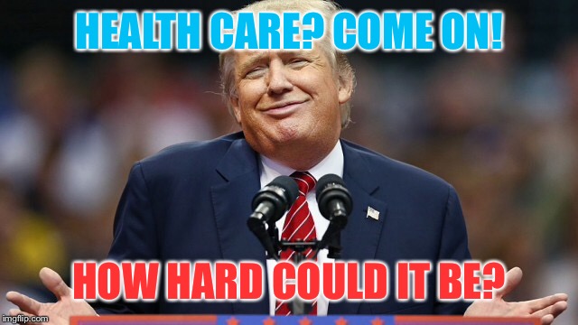 What? I have beautiful health care! Don't you? | HEALTH CARE? COME ON! HOW HARD COULD IT BE? | image tagged in memes,donald trump,trump,funny meme,humor,original meme | made w/ Imgflip meme maker