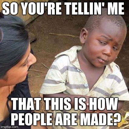 Third World Skeptical Kid Meme | SO YOU'RE TELLIN' ME THAT THIS IS HOW PEOPLE ARE MADE? | image tagged in memes,third world skeptical kid | made w/ Imgflip meme maker
