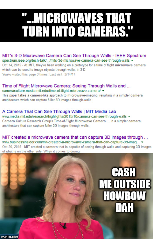 Microwaves that turn into cameras | "...MICROWAVES THAT TURN INTO CAMERAS."; CASH ME OUTSIDE HOWBOW DAH | image tagged in kellyanne conway,microwaves,kellyanne conway alternative facts,trump | made w/ Imgflip meme maker