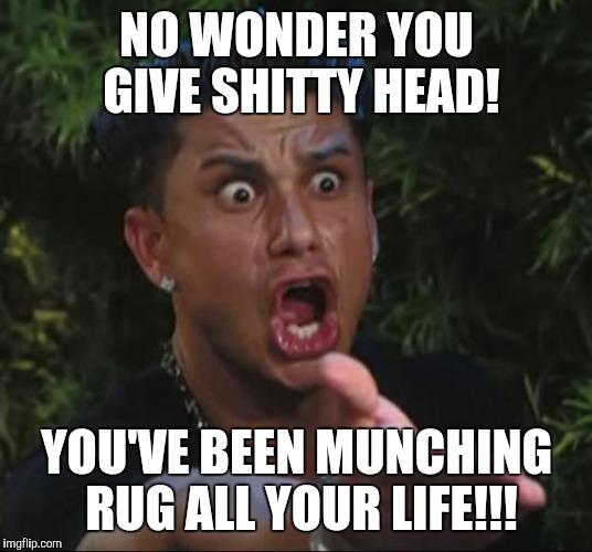DJ Pauly D Meme | NO WONDER YOU GIVE SHITTY HEAD! YOU'VE BEEN MUNCHING RUG ALL YOUR LIFE!!! | image tagged in memes,dj pauly d | made w/ Imgflip meme maker