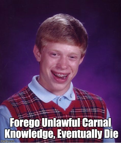 Bad Luck Brian Meme | Forego Unlawful Carnal Knowledge, Eventually Die | image tagged in memes,bad luck brian | made w/ Imgflip meme maker