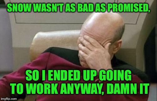 Captain Picard Facepalm Meme | SNOW WASN'T AS BAD AS PROMISED, SO I ENDED UP GOING TO WORK ANYWAY, DAMN IT | image tagged in memes,captain picard facepalm | made w/ Imgflip meme maker