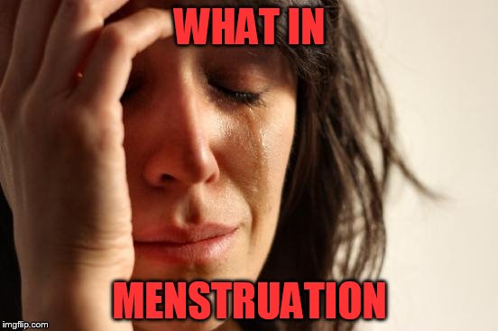 What in tarnation week! Yes I'm going there...for the ladies. | WHAT IN; MENSTRUATION | image tagged in memes,first world problems,what in tarnation | made w/ Imgflip meme maker