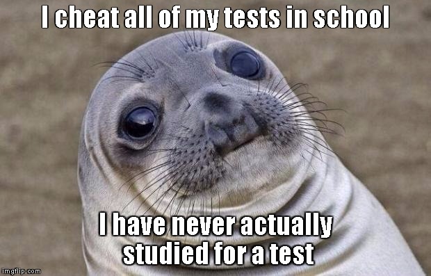 Awkward Moment Sealion | I cheat all of my tests in school; I have never actually studied for a test | image tagged in memes,awkward moment sealion | made w/ Imgflip meme maker