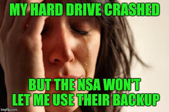 Big brother is watching | MY HARD DRIVE CRASHED; BUT THE NSA WON'T LET ME USE THEIR BACKUP | image tagged in memes,first world problems | made w/ Imgflip meme maker