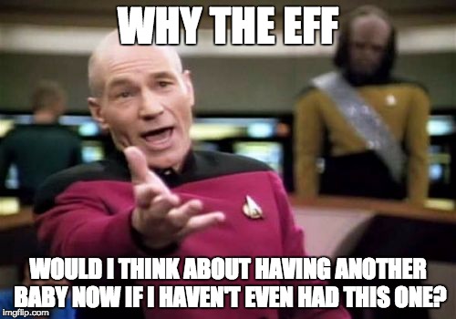 Picard Wtf Meme | WHY THE EFF; WOULD I THINK ABOUT HAVING ANOTHER BABY NOW IF I HAVEN'T EVEN HAD THIS ONE? | image tagged in memes,picard wtf | made w/ Imgflip meme maker