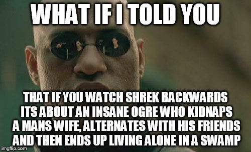 Matrix Morpheus Meme | WHAT IF I TOLD YOU; THAT IF YOU WATCH SHREK BACKWARDS ITS ABOUT AN INSANE OGRE WHO KIDNAPS A MANS WIFE, ALTERNATES WITH HIS FRIENDS AND THEN ENDS UP LIVING ALONE IN A SWAMP | image tagged in memes,matrix morpheus | made w/ Imgflip meme maker