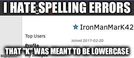 Epic Spelling Fail | I HATE SPELLING ERRORS; THAT "K" WAS MEANT TO BE LOWERCASE | image tagged in ironmanmark42,spelling error | made w/ Imgflip meme maker