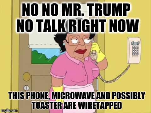 Consuela | NO NO MR. TRUMP NO TALK RIGHT NOW; THIS PHONE, MICROWAVE AND POSSIBLY TOASTER ARE WIRETAPPED | image tagged in memes,consuela | made w/ Imgflip meme maker