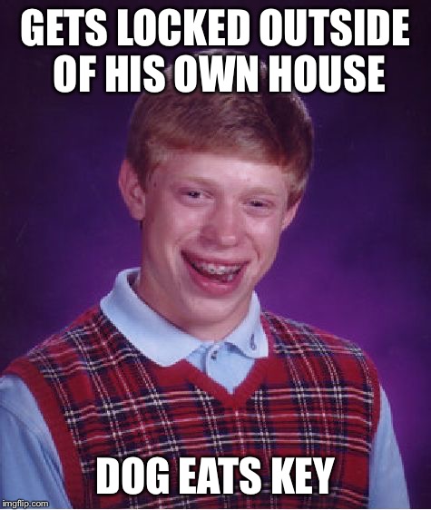Bad Luck Brian Meme | GETS LOCKED OUTSIDE OF HIS OWN HOUSE DOG EATS KEY | image tagged in memes,bad luck brian | made w/ Imgflip meme maker