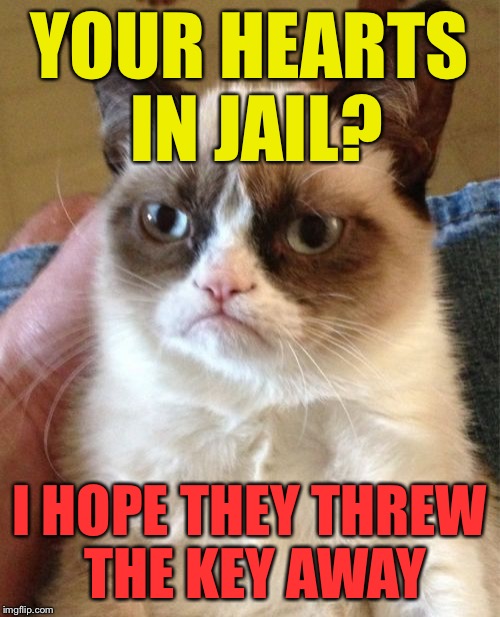 Grumpy Cat Meme | YOUR HEARTS IN JAIL? I HOPE THEY THREW THE KEY AWAY | image tagged in memes,grumpy cat | made w/ Imgflip meme maker