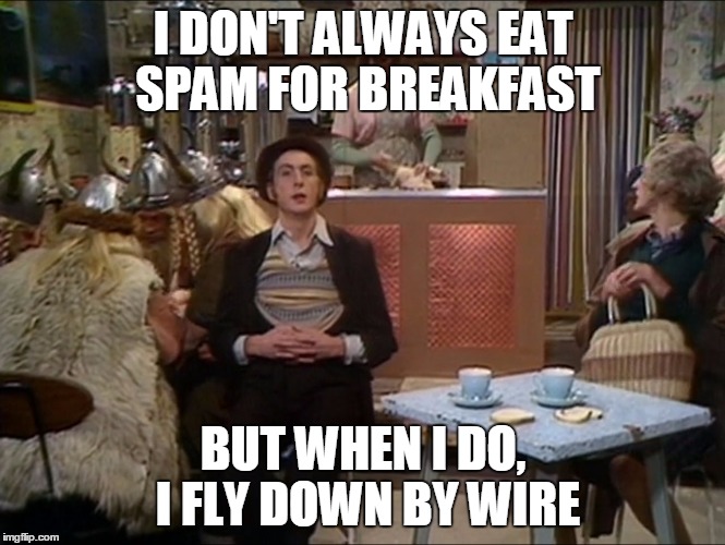 The Most Interesting Spam in the World (Monty Python Week! March 13th to 19th. A carpetmom Event) | I DON'T ALWAYS EAT SPAM FOR BREAKFAST; BUT WHEN I DO, I FLY DOWN BY WIRE | image tagged in most interesting spam in the world | made w/ Imgflip meme maker