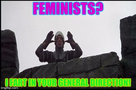 French Taunting in Monty Python's Holy Grail | FEMINISTS? I FART IN YOUR GENERAL DIRECTION! | image tagged in french taunting in monty python's holy grail | made w/ Imgflip meme maker