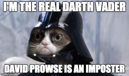 Grumpy Cat Star Wars Meme | I'M THE REAL DARTH VADER; DAVID PROWSE IS AN IMPOSTER | image tagged in memes,grumpy cat star wars,grumpy cat | made w/ Imgflip meme maker