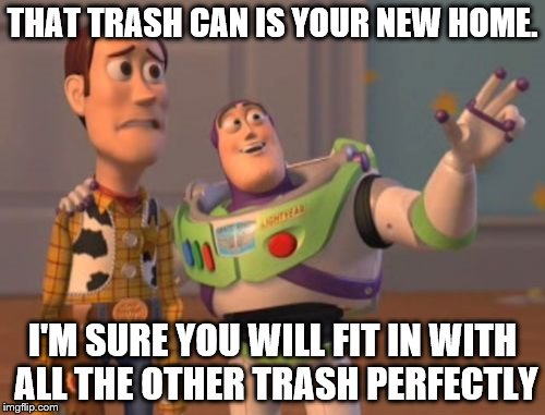 X, X Everywhere | THAT TRASH CAN IS YOUR NEW HOME. I'M SURE YOU WILL FIT IN WITH ALL THE OTHER TRASH PERFECTLY | image tagged in memes,x x everywhere | made w/ Imgflip meme maker