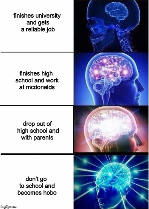 Expanding brain | finishes university and gets a reliable job; finishes high school and work at mcdonalds; drop out of high school and with parents; don't go to school and becomes hobo | image tagged in expanding brain | made w/ Imgflip meme maker