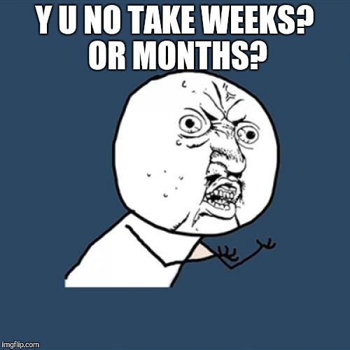 Y U No Meme | Y U NO TAKE WEEKS? OR MONTHS? | image tagged in memes,y u no | made w/ Imgflip meme maker