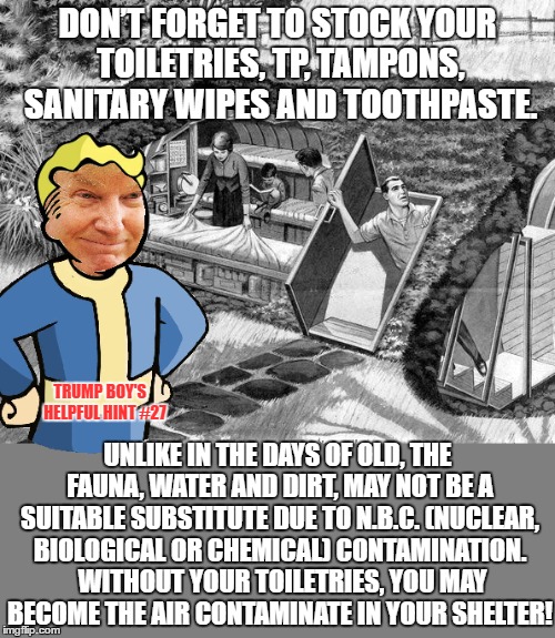 Trump Boy Helpful Hint #27 | DON’T FORGET TO STOCK YOUR TOILETRIES, TP, TAMPONS, SANITARY WIPES AND TOOTHPASTE. TRUMP BOY'S  
HELPFUL HINT #27; UNLIKE IN THE DAYS OF OLD, THE FAUNA, WATER AND DIRT, MAY NOT BE A SUITABLE SUBSTITUTE DUE TO N.B.C. (NUCLEAR, BIOLOGICAL OR CHEMICAL) CONTAMINATION.  WITHOUT YOUR TOILETRIES, YOU MAY BECOME THE AIR CONTAMINATE IN YOUR SHELTER! | image tagged in donald trump,fallout shelter,fallout | made w/ Imgflip meme maker