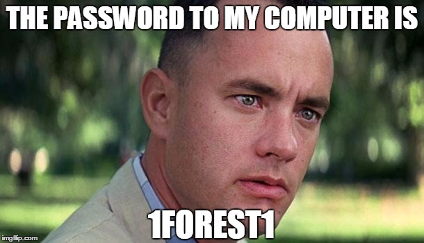 Forest Gump | THE PASSWORD TO MY COMPUTER IS; 1FOREST1 | image tagged in forest gump,meme,password,pun | made w/ Imgflip meme maker