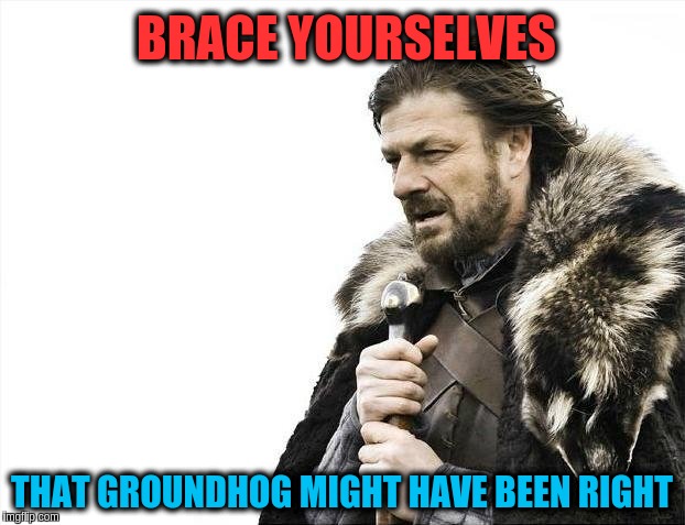Brace Yourselves X is Coming Meme | BRACE YOURSELVES; THAT GROUNDHOG MIGHT HAVE BEEN RIGHT | image tagged in memes,brace yourselves x is coming | made w/ Imgflip meme maker