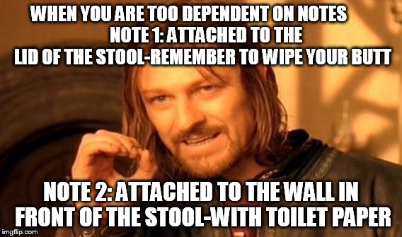 One Does Not Simply Meme | WHEN YOU ARE TOO DEPENDENT ON NOTES










  
NOTE 1: ATTACHED TO THE LID OF THE STOOL-REMEMBER TO WIPE YOUR BUTT; NOTE 2: ATTACHED TO THE WALL IN FRONT OF THE STOOL-WITH TOILET PAPER | image tagged in memes,one does not simply | made w/ Imgflip meme maker