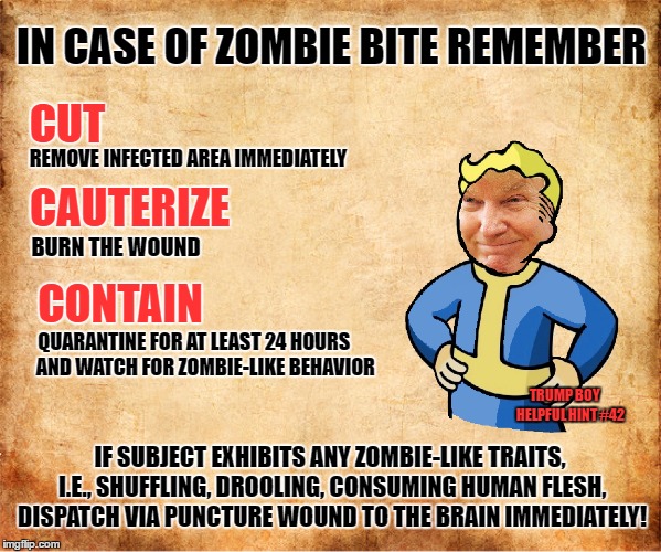 Trump Boy Helpful Hint #42 | IN CASE OF ZOMBIE BITE REMEMBER; CUT; REMOVE INFECTED AREA IMMEDIATELY; CAUTERIZE; BURN THE WOUND; CONTAIN; QUARANTINE FOR AT LEAST 24 HOURS       AND WATCH FOR ZOMBIE-LIKE BEHAVIOR; TRUMP BOY    
HELPFUL HINT #42; IF SUBJECT EXHIBITS ANY ZOMBIE-LIKE TRAITS, I.E., SHUFFLING, DROOLING, CONSUMING HUMAN FLESH, DISPATCH VIA PUNCTURE WOUND TO THE BRAIN IMMEDIATELY! | image tagged in donald trump,fallout,zombie apocalypse,vault boy | made w/ Imgflip meme maker
