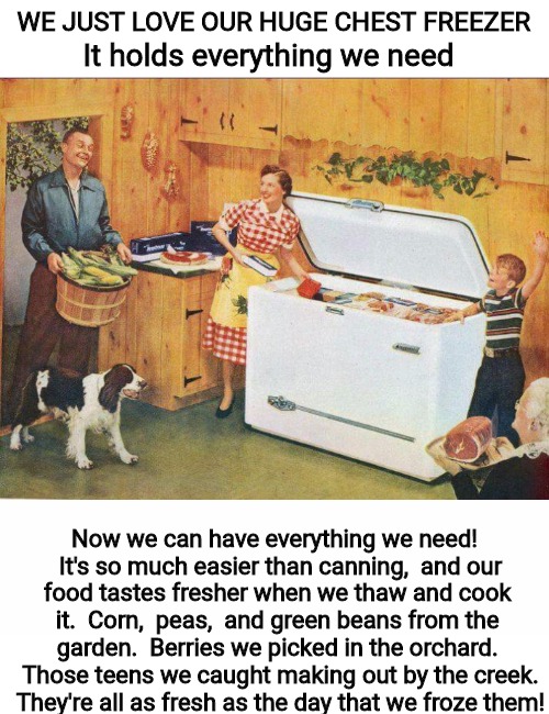 Old Ad Week. Modern Technology. Go from canning to cannibalism in one easy purchase.  | WE JUST LOVE OUR HUGE CHEST FREEZER; It holds everything we need; Now we can have everything we need!  It's so much easier than canning,  and our food tastes fresher when we thaw and cook it.  Corn,  peas,  and green beans from the garden.  Berries we picked in the orchard.  Those teens we caught making out by the creek.  They're all as fresh as the day that we froze them! | image tagged in old ad week,swiggys-back,home freezer,cannibalism | made w/ Imgflip meme maker