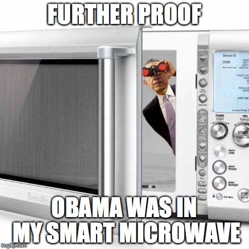 Told ya he was in my microwave.  | FURTHER PROOF; OBAMA WAS IN MY SMART MICROWAVE | image tagged in donald trump,spying,donald trump approves,obama laughing,steve bannon,retarded liberal protesters | made w/ Imgflip meme maker