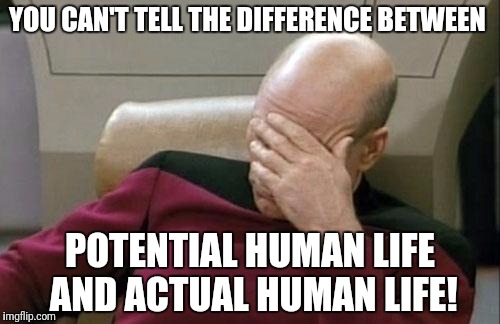 Fro pro-choicers who think pro-lifers want to equate a woman's period and male masterbation to abortion or do it themselves  | YOU CAN'T TELL THE DIFFERENCE BETWEEN; POTENTIAL HUMAN LIFE AND ACTUAL HUMAN LIFE! | image tagged in memes,captain picard facepalm,pro choice,pro life,abortion,abortion is murder | made w/ Imgflip meme maker