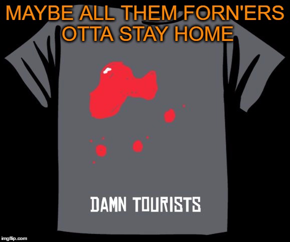 Damn Tourists! | MAYBE ALL THEM FORN'ERS OTTA STAY HOME | image tagged in trump immigration policy,bigotry,lol so funny,liberal vs conservative,oh no you didn't,funny | made w/ Imgflip meme maker