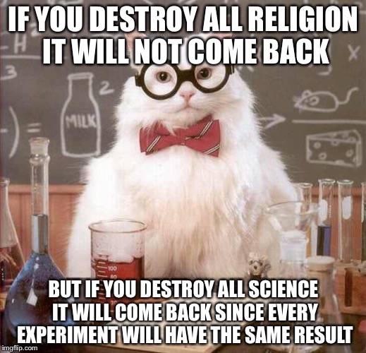 cat scientist | IF YOU DESTROY ALL RELIGION IT WILL NOT COME BACK; BUT IF YOU DESTROY ALL SCIENCE IT WILL COME BACK SINCE EVERY EXPERIMENT WILL HAVE THE SAME RESULT | image tagged in cat scientist,memes | made w/ Imgflip meme maker