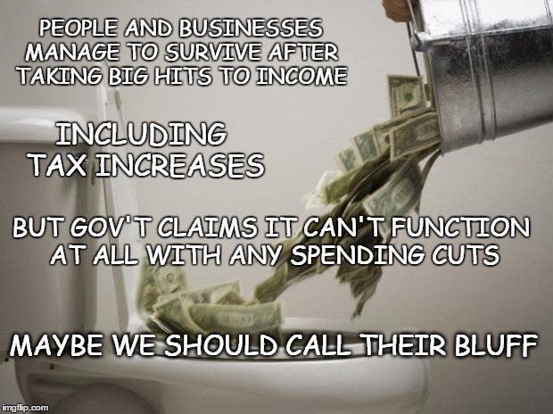 Taxes | PEOPLE AND BUSINESSES MANAGE TO SURVIVE AFTER TAKING BIG HITS TO INCOME; INCLUDING TAX INCREASES; BUT GOV'T CLAIMS IT CAN'T FUNCTION AT ALL WITH ANY SPENDING CUTS; MAYBE WE SHOULD CALL THEIR BLUFF | image tagged in money down toilet,cut taxes,big government | made w/ Imgflip meme maker