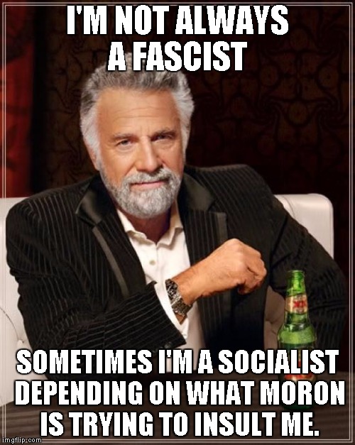 The Most Interesting Man In The World Meme | I'M NOT ALWAYS A FASCIST SOMETIMES I'M A SOCIALIST DEPENDING ON WHAT MORON IS TRYING TO INSULT ME. | image tagged in memes,the most interesting man in the world | made w/ Imgflip meme maker