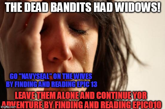 epic012 | THE DEAD BANDITS HAD WIDOWS! GO "NAVYSEAL" ON THE WIVES BY FINDING AND READING EPIC 13; LEAVE THEM ALONE AND CONTINUE YOR ADVENTURE BY FINDING AND READING EPIC010 | image tagged in memes,first world problems,adventure game | made w/ Imgflip meme maker