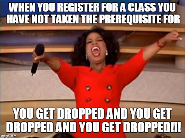 Oprah You Get A | WHEN YOU REGISTER FOR A CLASS YOU HAVE NOT TAKEN THE PREREQUISITE FOR; YOU GET DROPPED AND YOU GET DROPPED AND YOU GET DROPPED!!! | image tagged in memes,oprah you get a | made w/ Imgflip meme maker