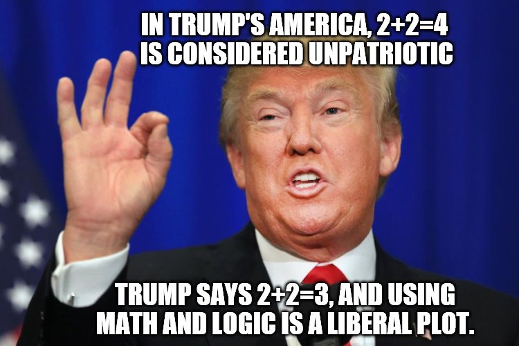 Liberal's math. | IN TRUMP'S AMERICA, 2+2=4 IS CONSIDERED UNPATRIOTIC; TRUMP SAYS 2+2=3, AND USING MATH AND LOGIC IS A LIBERAL PLOT. | image tagged in trump,donald trump,math | made w/ Imgflip meme maker
